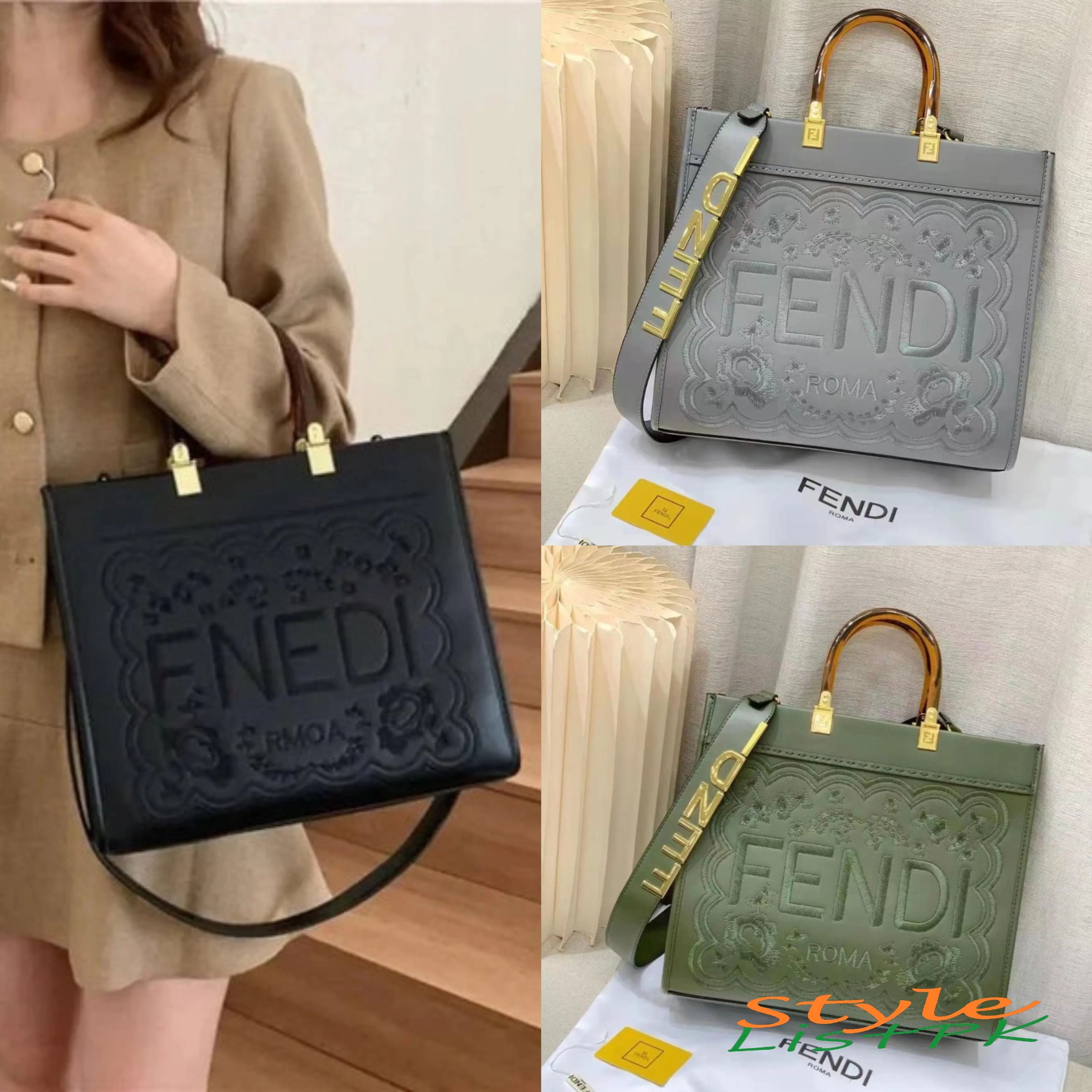 Best Price FENDI EMBROIDERED LEATHER TOTE BAG